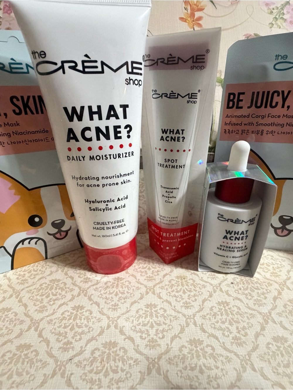 The Crème Shop "What Acne?" Bundle Serum, Moisturizer & Spot Treatment + 2 Mask